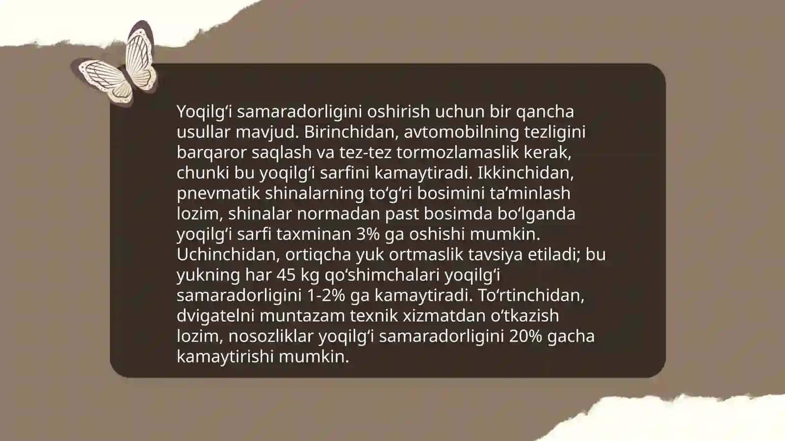 Yoqilg'i tejash va avtotransport xavfsizligini ta'minlash metodologiyasi 4