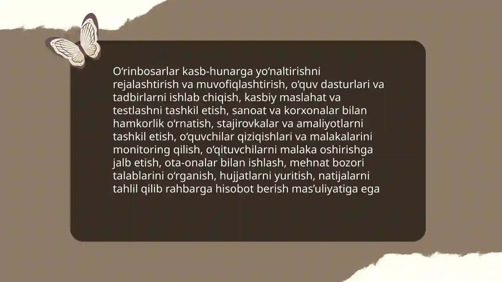 O‘quv muassasasi rahbari va o’rinbosqrlarining kasb hunarga yo‘naltirish ishini tashkil etishi. Sinf rahbarining kasb hunarga yo‘naltirishdagi o‘rni. 4