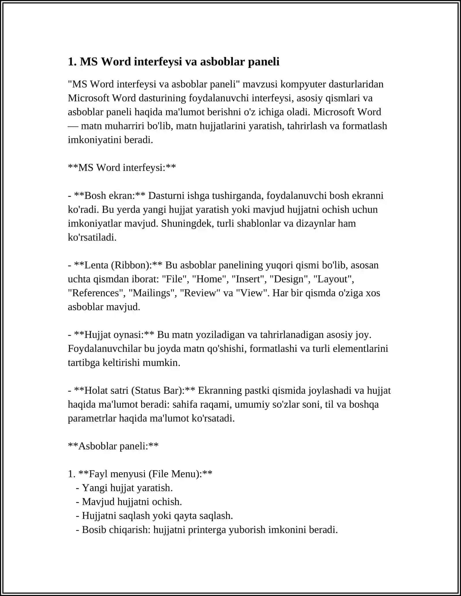 MS Word interfeysi va asboblar paneli 4