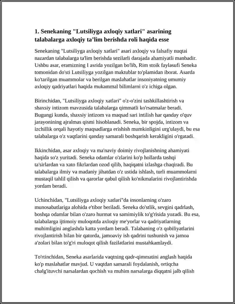 SENCKANING "LUTSILIYGA AXLOQIY XATLARI" ASARINI O QISH VA SHU XATLAR ASOSIDA TALABALAMING O'Z HAYOTI VA FAOLIYATIGA BAHO BERILGAN ESSC TAYYORLASH 4
