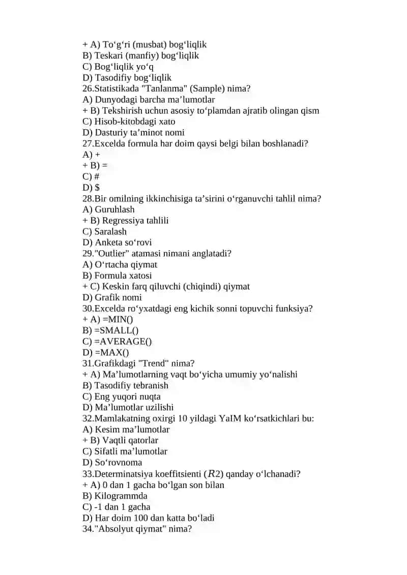 Iqtisodiyotda malumotlar tahlili 2026 test 300 ta 4