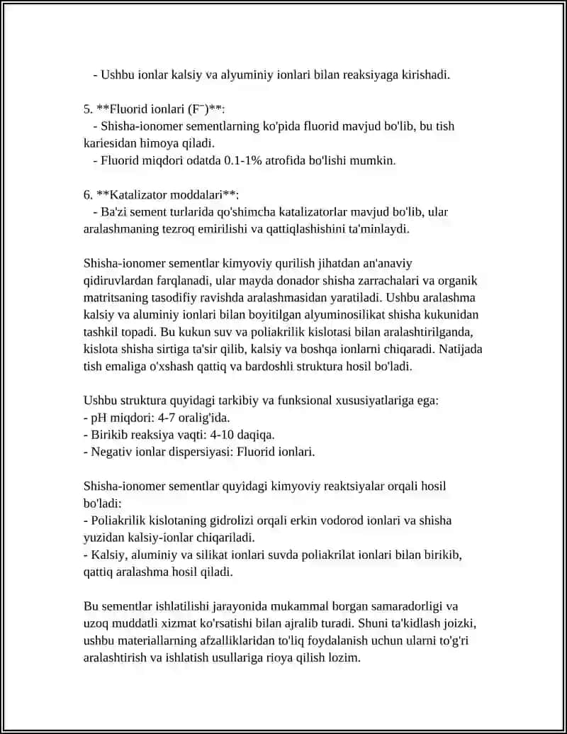 SHISHAIONOMER SEMENTLAR.POLIKARBOKSILAT SEMENTLAT.TARKIBI,XUSUSIYATLARI 4