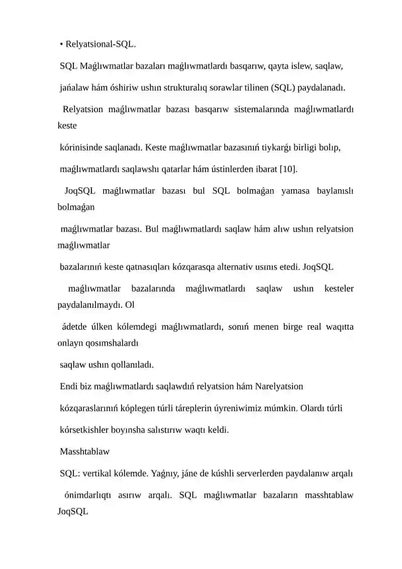 SQL ja`rdeminde mag`luwmatlardi xarakteristikalaw 4