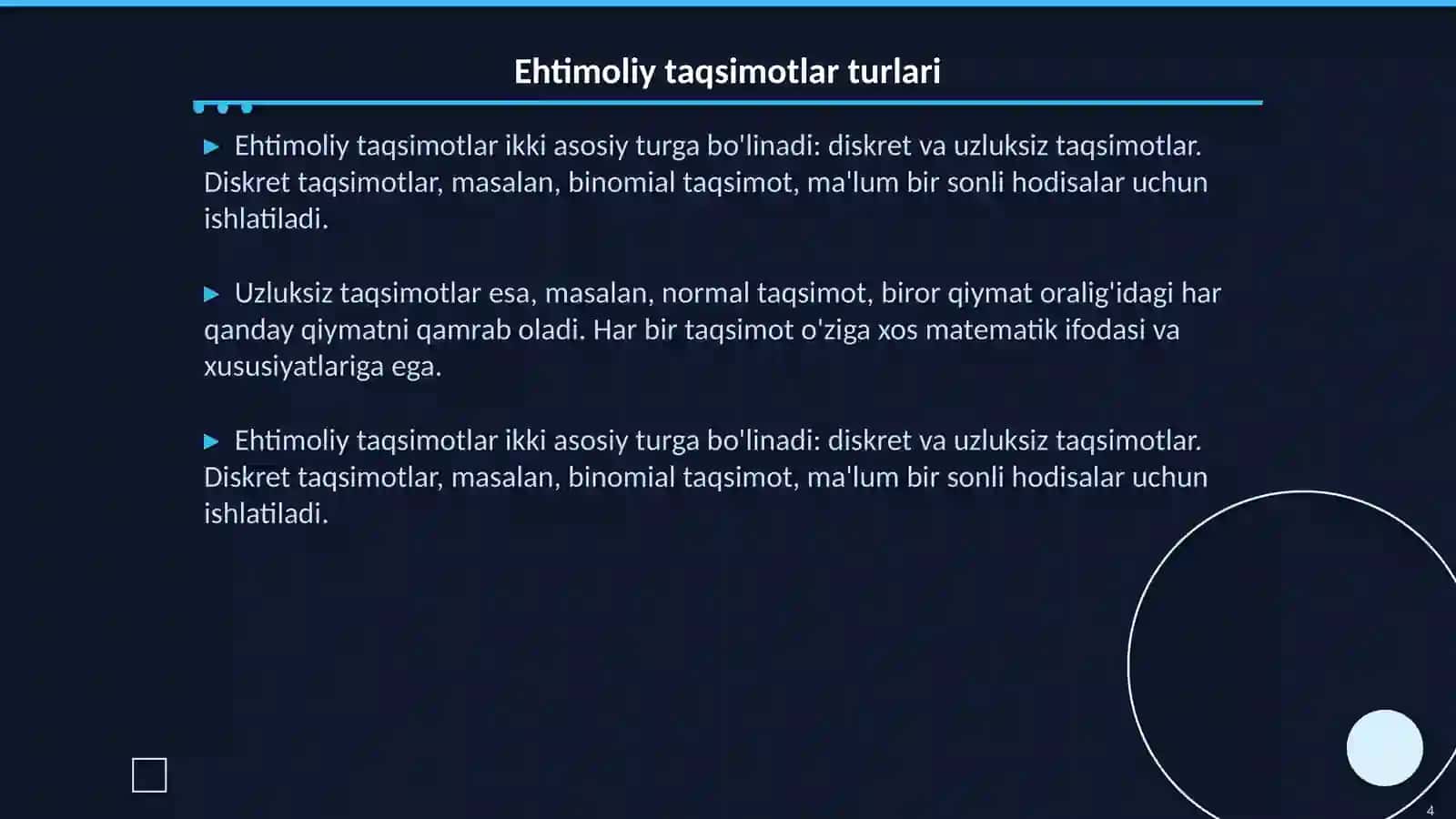 Ehtimoliy taqsimotlar turlari (normal, binomial) 4