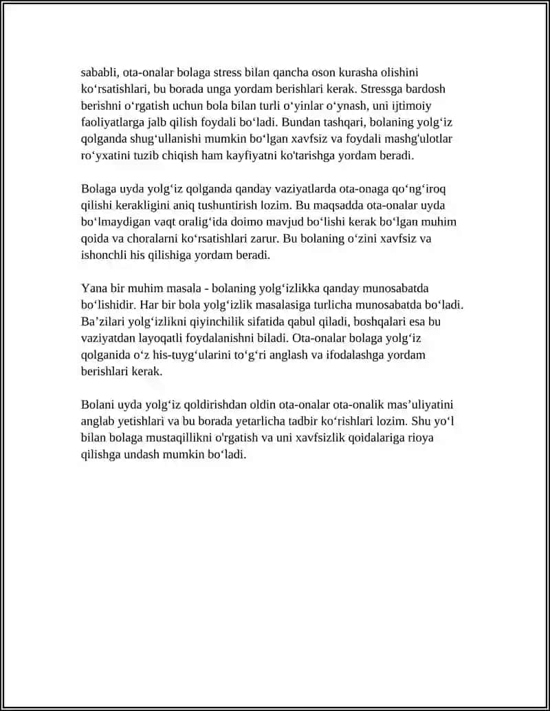 BOLANI UYDA YOLGIZ QOLGANDA QAWIPSIZLIK QAGIYDALARINA AMAL QILISHGA ORGATISH 4