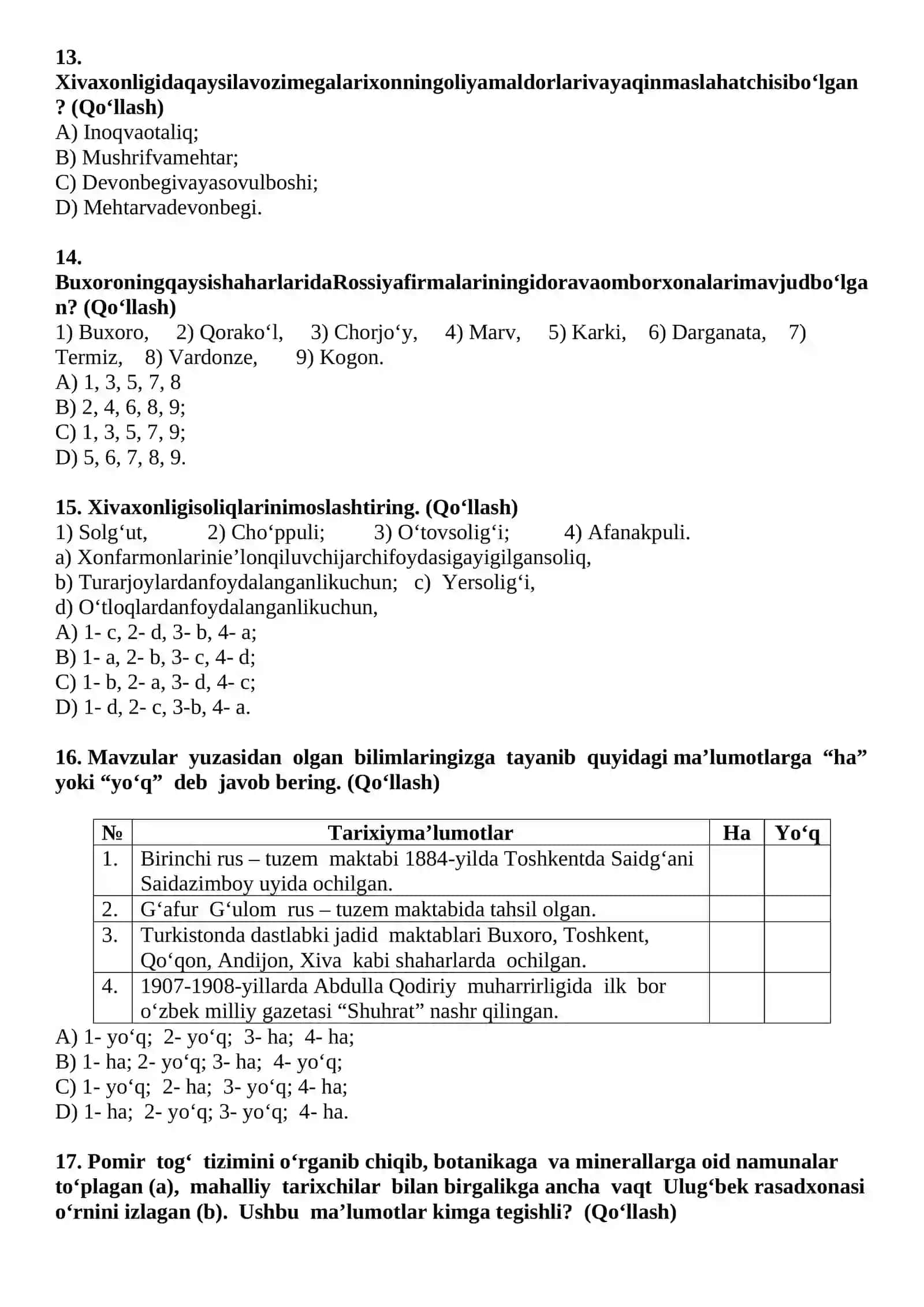 9-SINF O'ZBEKISTON TARIXI. 1-VARIANT 4