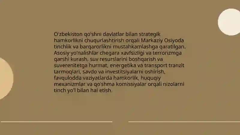 Òzbekistonning Markaziy Osiyoda tinchlik va barqarorlikni ta'minlashdagi o'rni 4