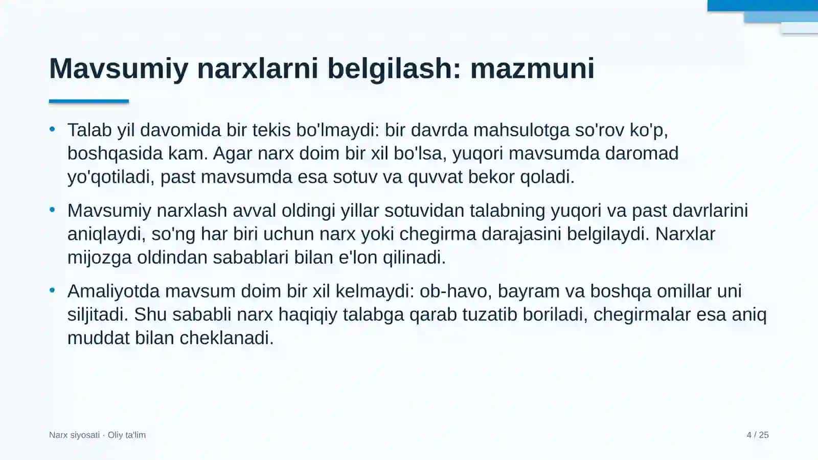 Ijara xizmatlarida mavsumiy narxlarni belgilash 4