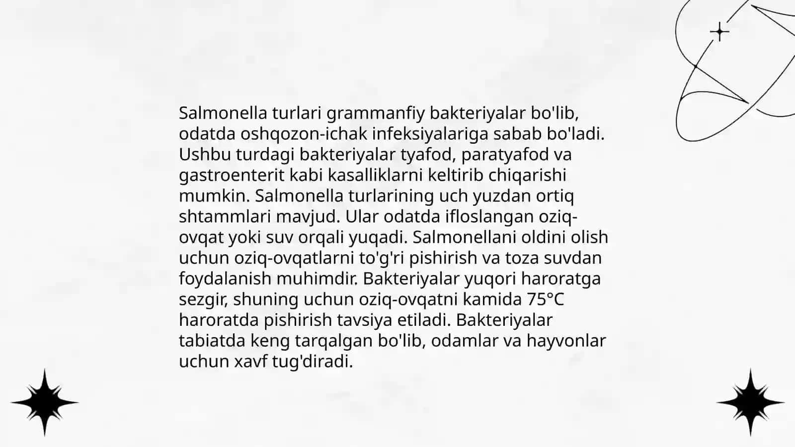 Oziq-ovqat toksi infeksiyalari haqida. Salmonella guruhiga mansub bakteriyalar xarakteristikasi 4