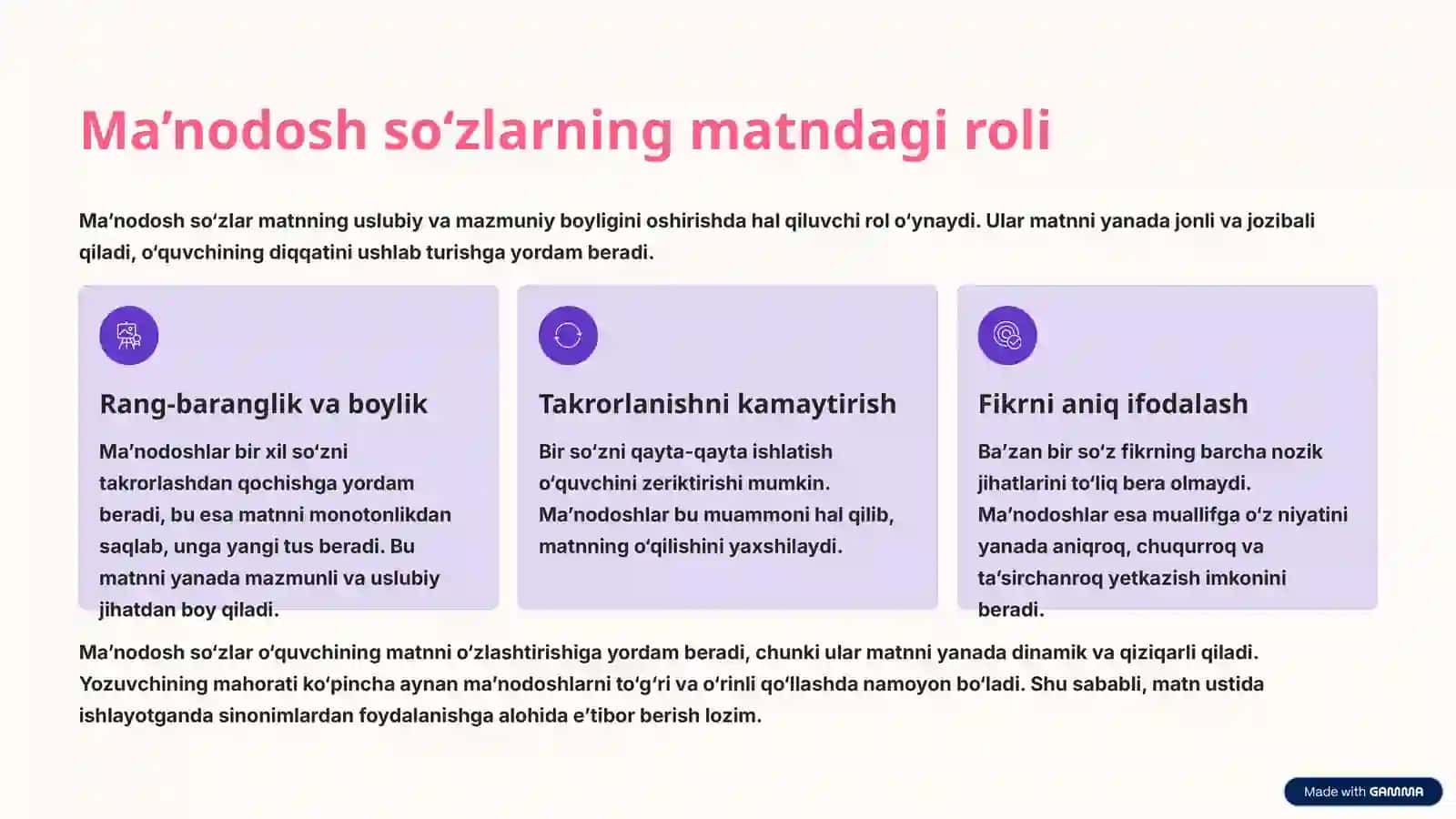 Matn ustida ishlash va Ma’nodosh so‘zlar: Tilimizning boyligi 4