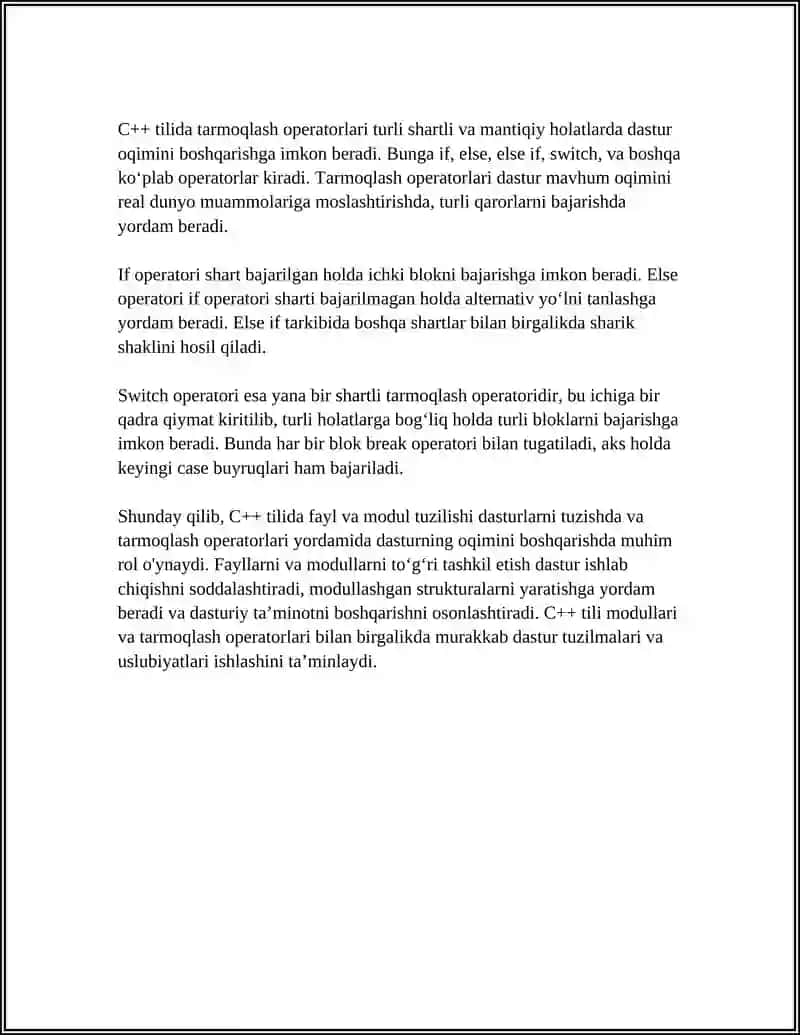 C++ TILINING TUZILMASI.TARMOQLASH OPERATORLARI 4