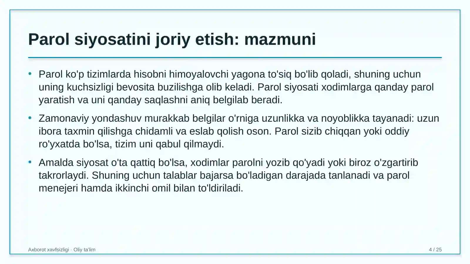 Pillachilikda parol siyosatini joriy etish 4