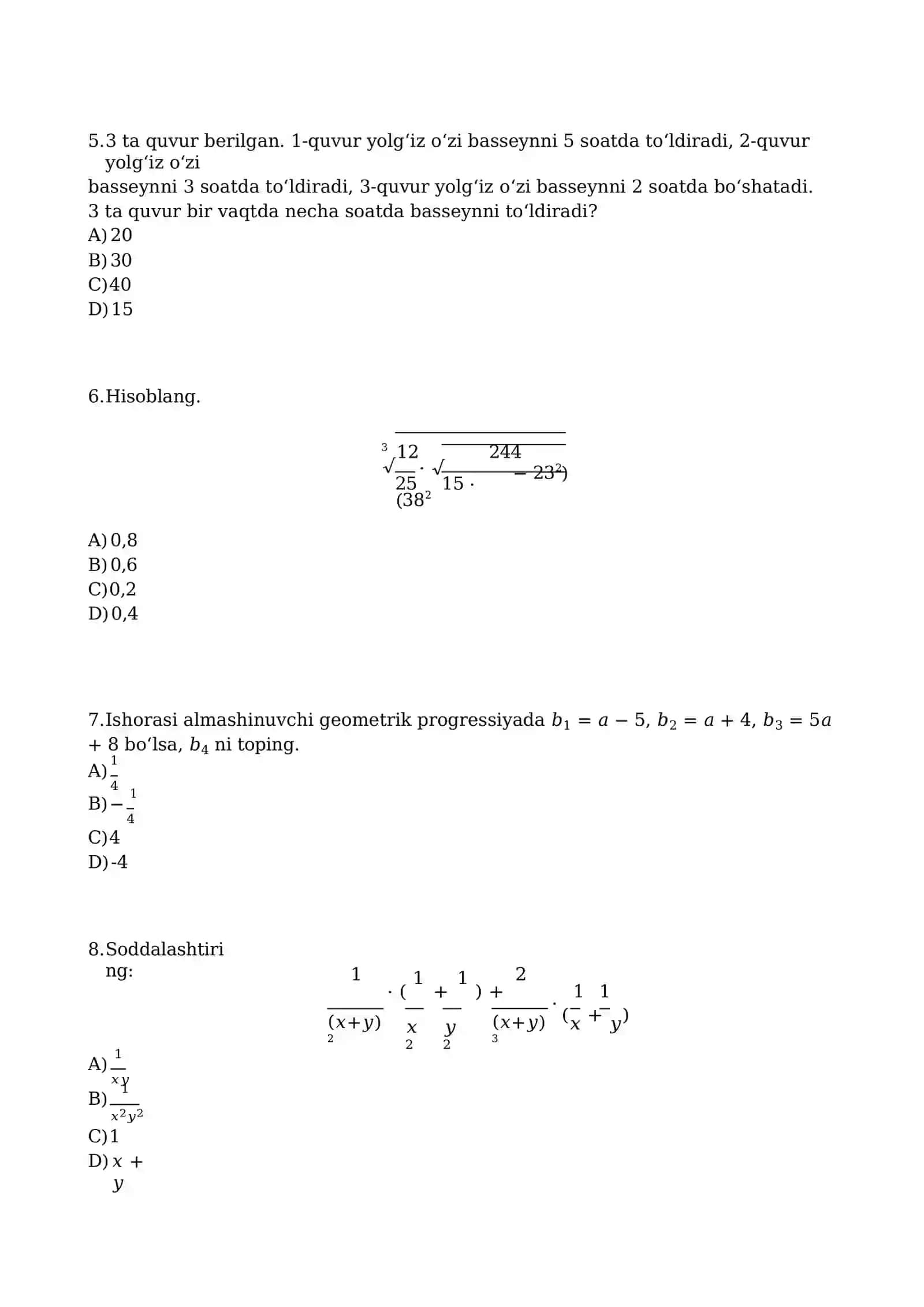 Matematika milliy sertifikat attestatsiya savollari 4