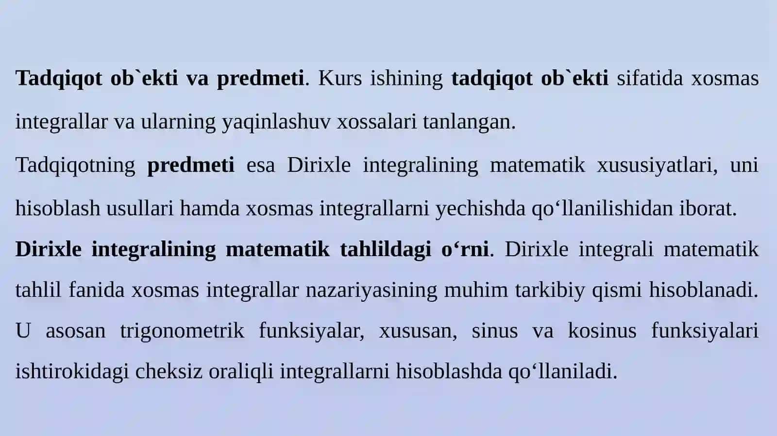 Dirixle integralini hisoblash va uning ba'zi bir xosmas integrallarini hisoblashi 4