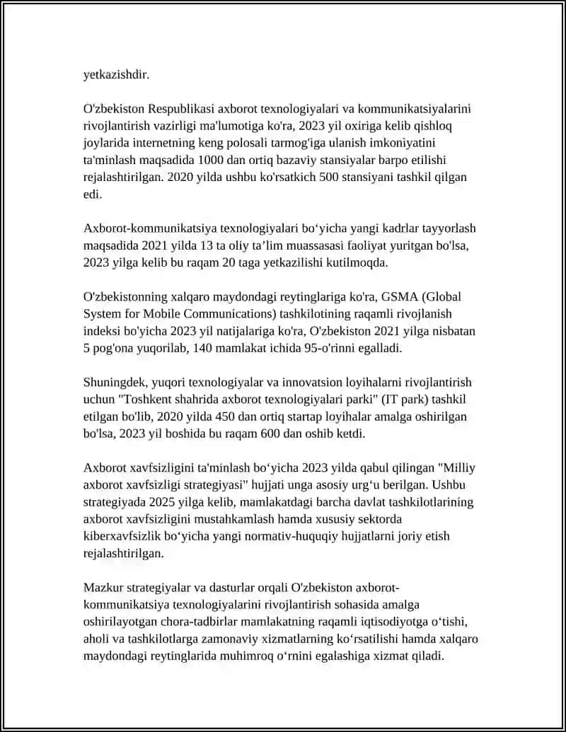 O'ZBEKISTONDA AXBOROT-KOMMUNIKATSIYA TEXNOLOGIYALARI SOHASINI RIVOJLANTIRISHDAGI DAVLAT SIYOSATI 4
