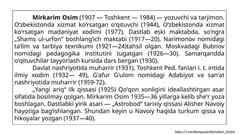 Mirkarim Osim. Hayoti va ijodi. To‘maris 4
