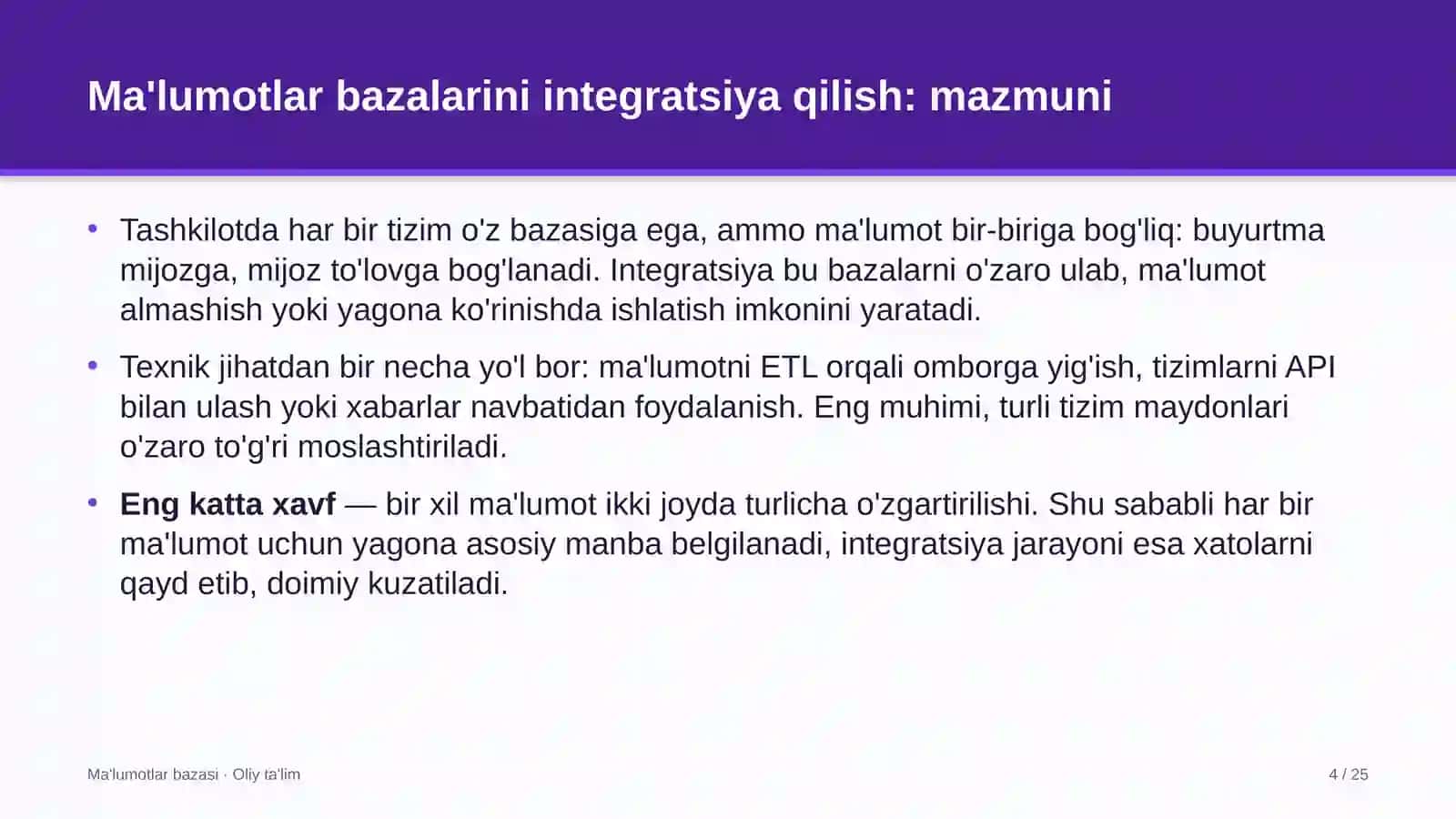 Buyurtmaxonalarda ma'lumotlar bazalarini integratsiya qilish 4