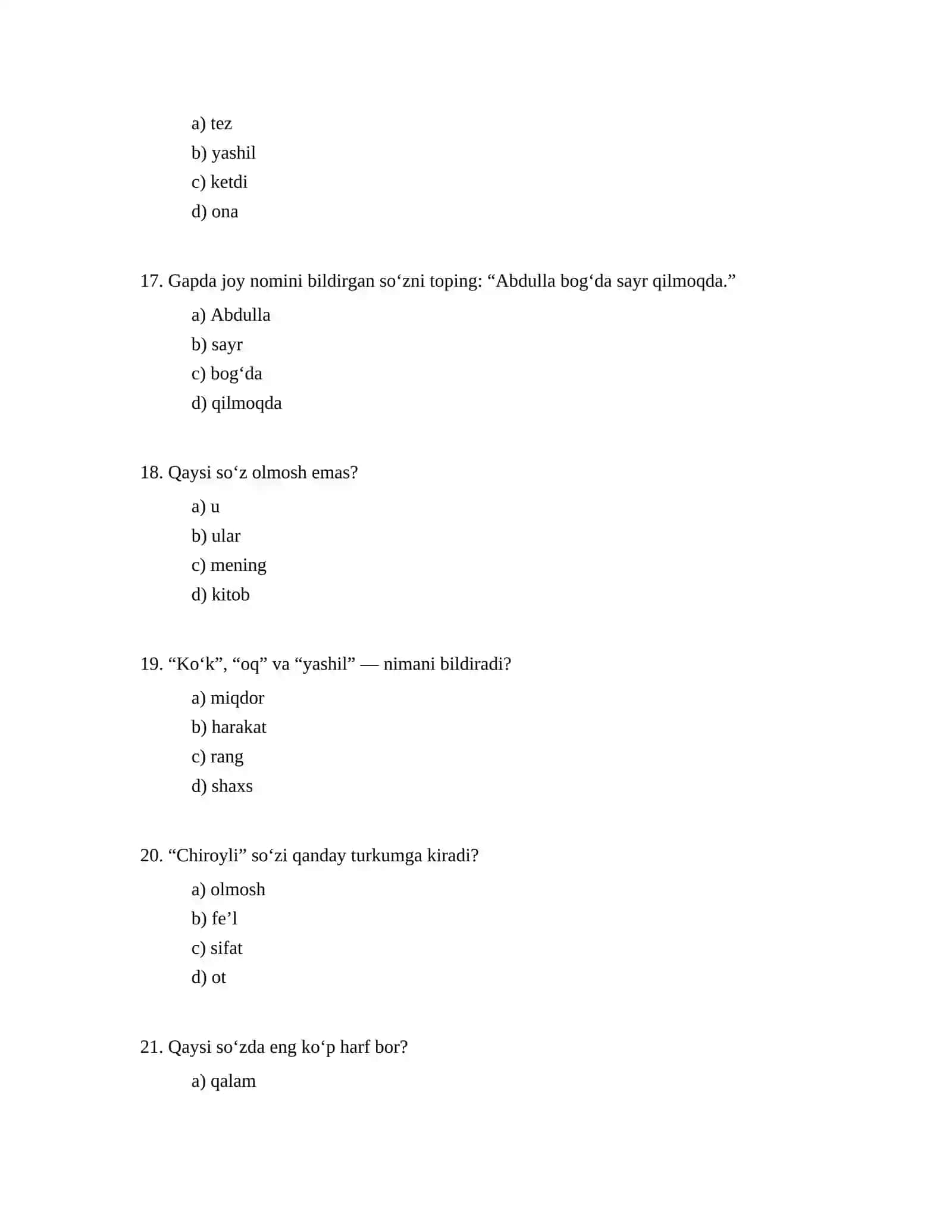 1-sinf ona tili test 4
