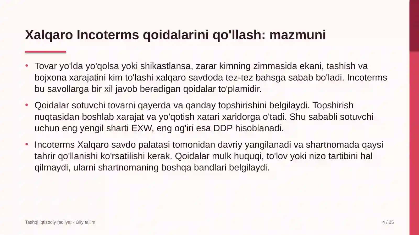 Chegara oldi savdosida xalqaro Incoterms qoidalarini qo'llash 4