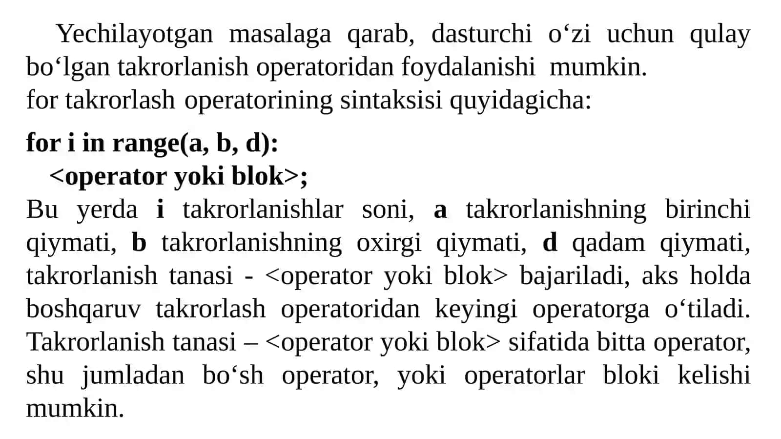 Pythonda for takrorlash operatori 4