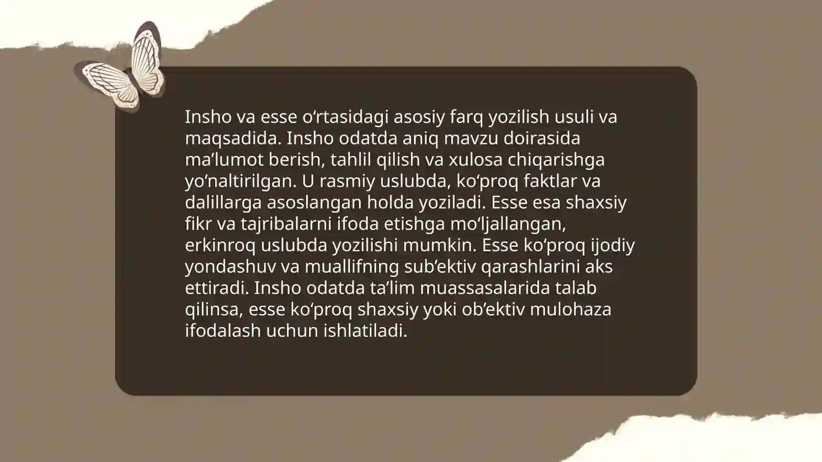 Esse janrining talablari va taʼrifiga koʻra matn va taqdimot tayyorlash 4