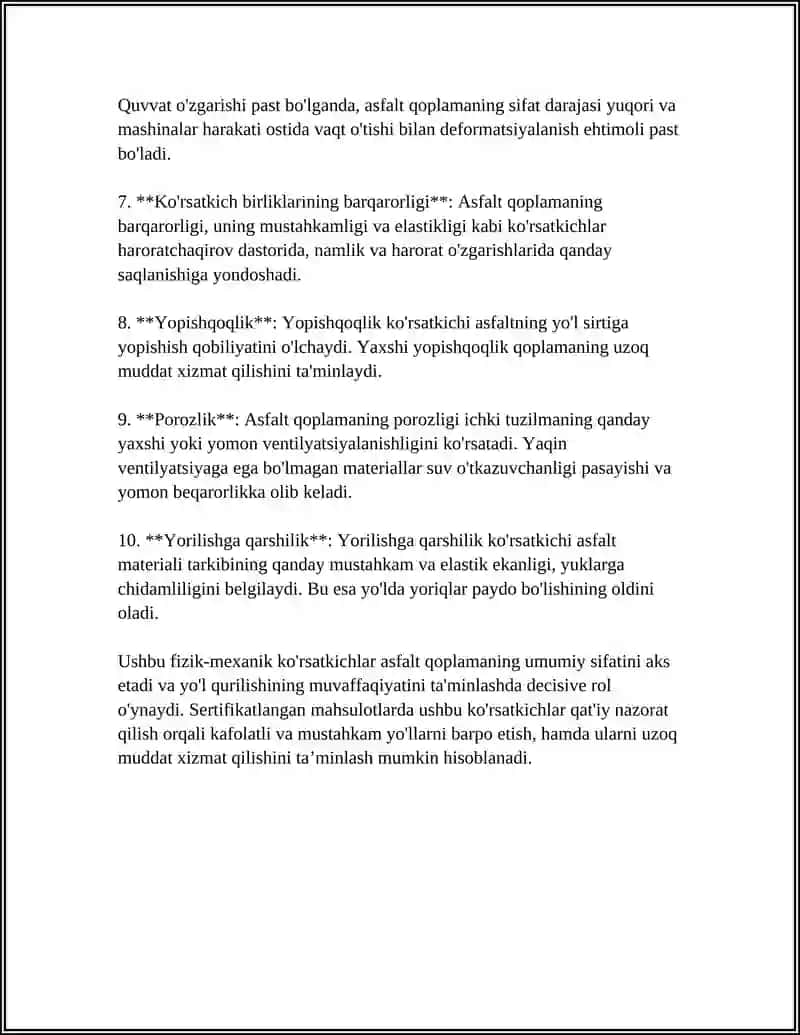 YO'L QURILISHINING SERTIFIKATSIYALANGAN MAHSULOTLARNING SIFAT KORSATGICHLARI 4