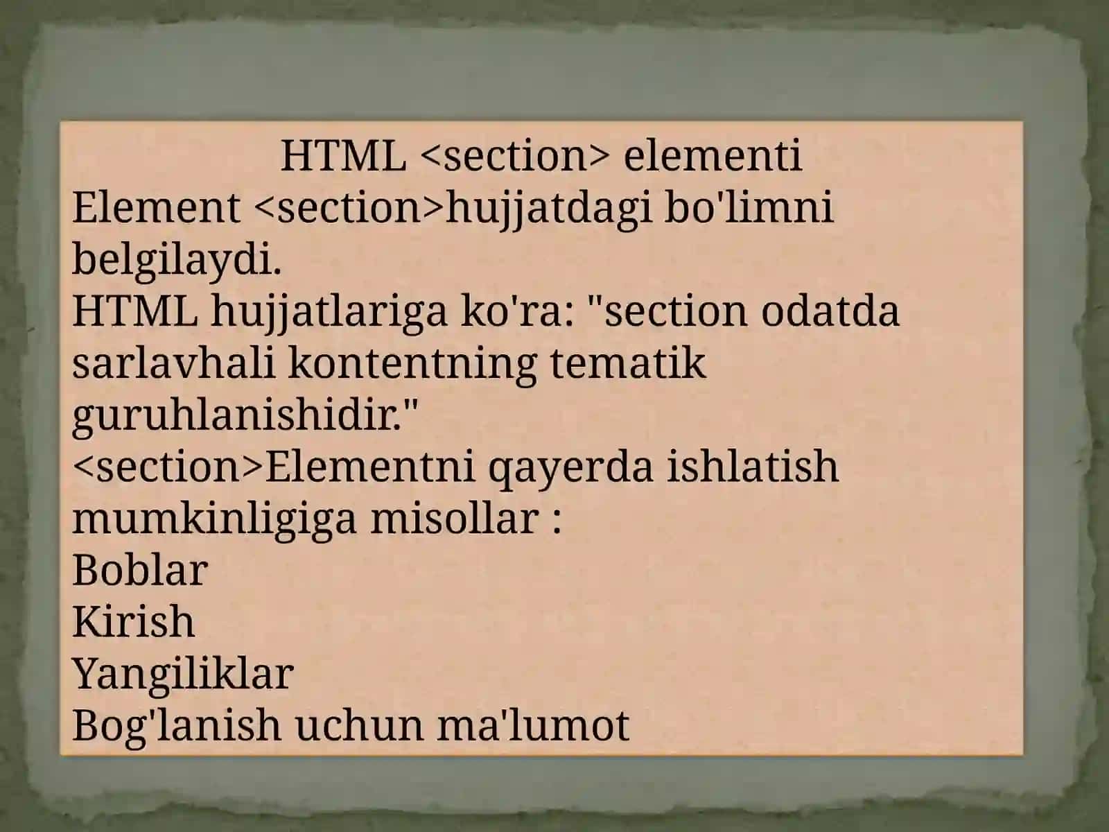 HTML elementlari bo'yicha tezkor sayohat, HTML5 semantik tuzilma elementlari 4
