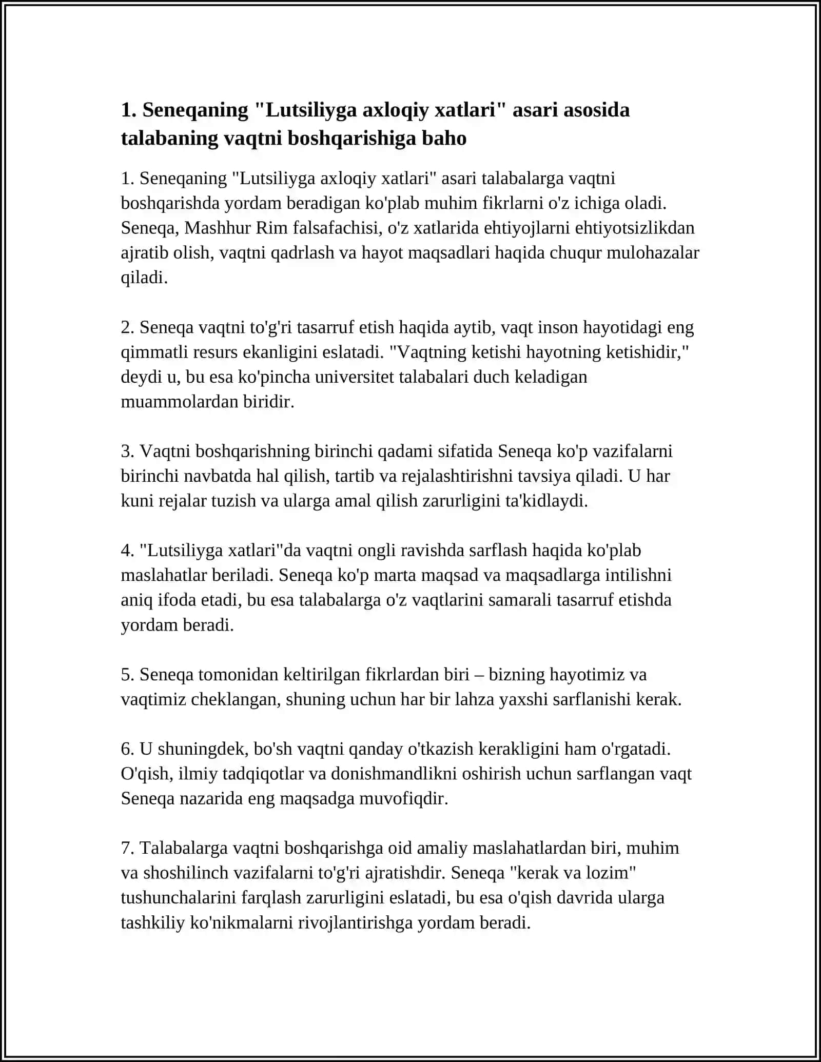 SENEKANING ''LUTSILIYGA AXLOQIY XATLARI"ASARINI OQISH VA SHU XATLAR ASOSIDA TALABANING OZ HAYOTI VA FAOLIYATIGA BAHO BERILGAN ESSE TAYYORLASH 4