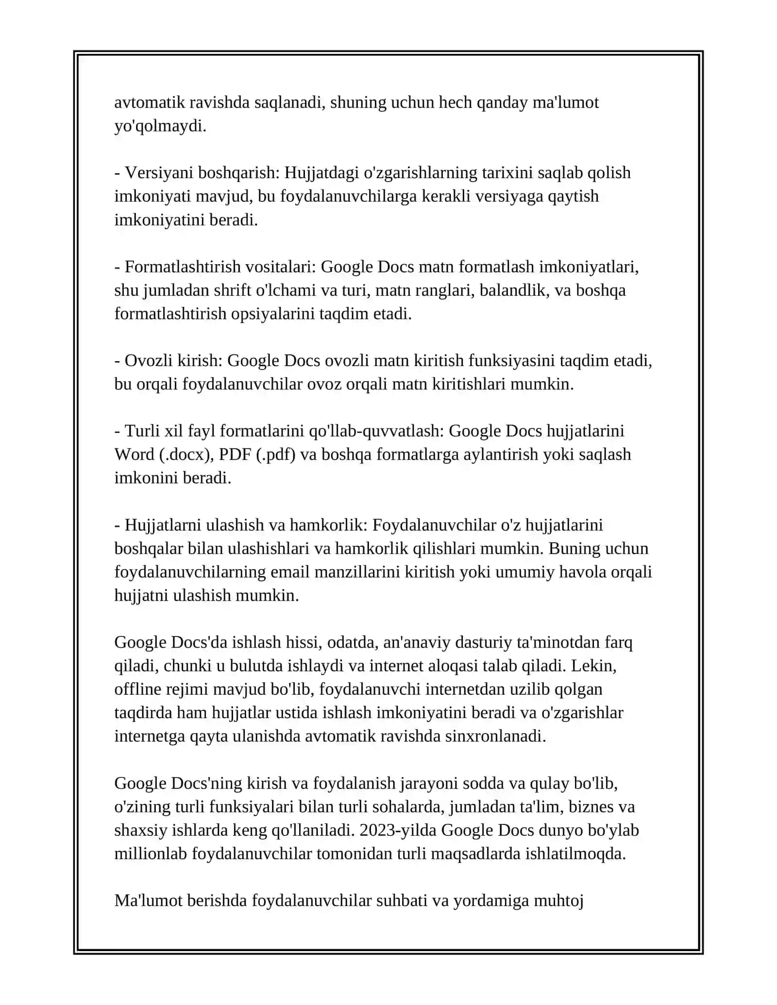 GOOGLE DOCS DASTURI BILAN ISHLASH 4