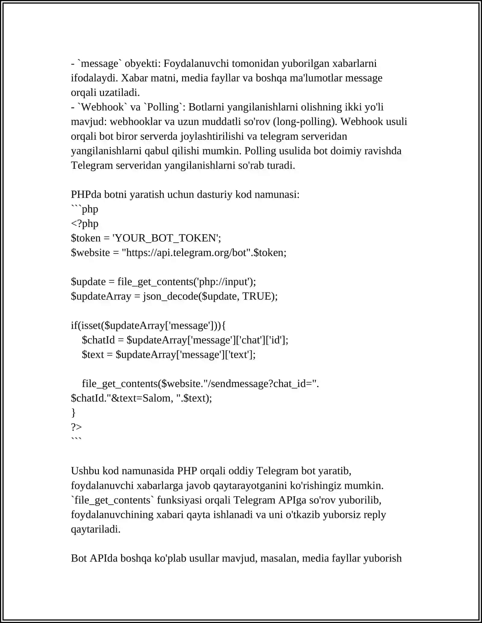 PHP DASTURLASH TILIDA TELEGRAM BOT BILAN ISHLASH 4