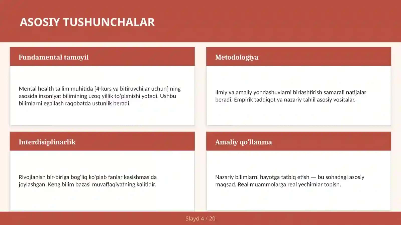 Mental health ta'lim muhitida [4-kurs va bitiruvchilar uchun] 4