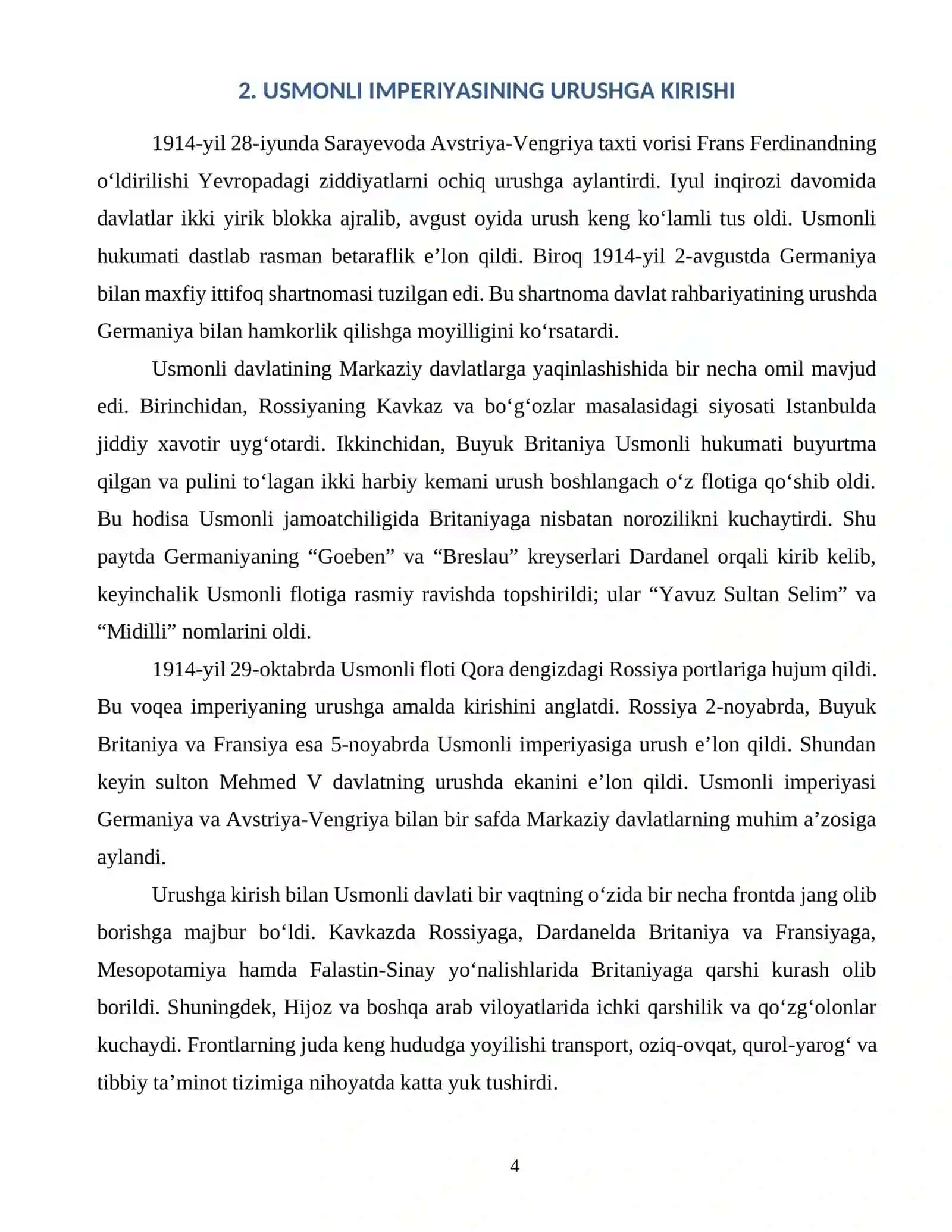 TURKIYA BIRINCHI JAHON URUSHI YILLARIDA JAHON TARIXI FANIDAN 303-GURUH TARIX YO’NALISHI SIRTQI TA’LIM TALABASI 4
