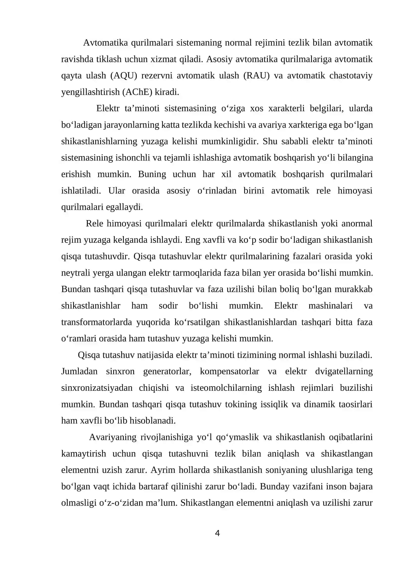 Elektr ta’minoti tarmoqlarida avtomatika va rele himoyasi fanidan kurs ishi 4