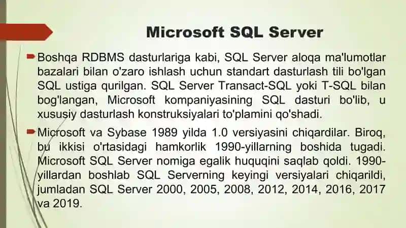 SQL tiliga kirish. Microsoft SQL server dasturini o’rnatish. Ishchi muhitini sozlash. 4
