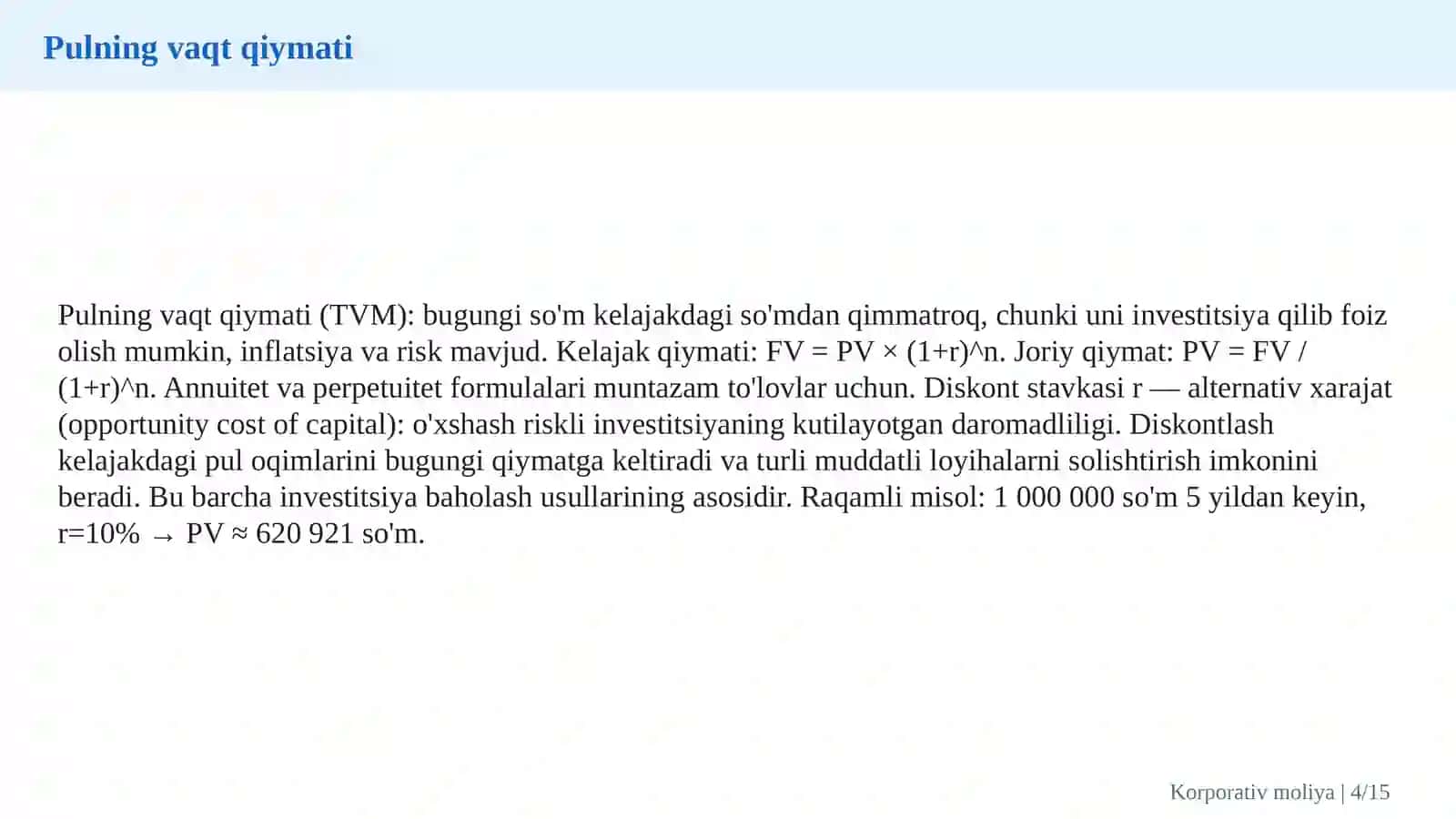Korporativ moliyada investitsiya loyihalarini baholash va kapital qiymatini aniqlash 4