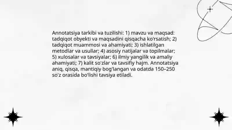 Sohaga oid ixtiyoriy ilmiy asarga annotatsiya tayyorlash 4