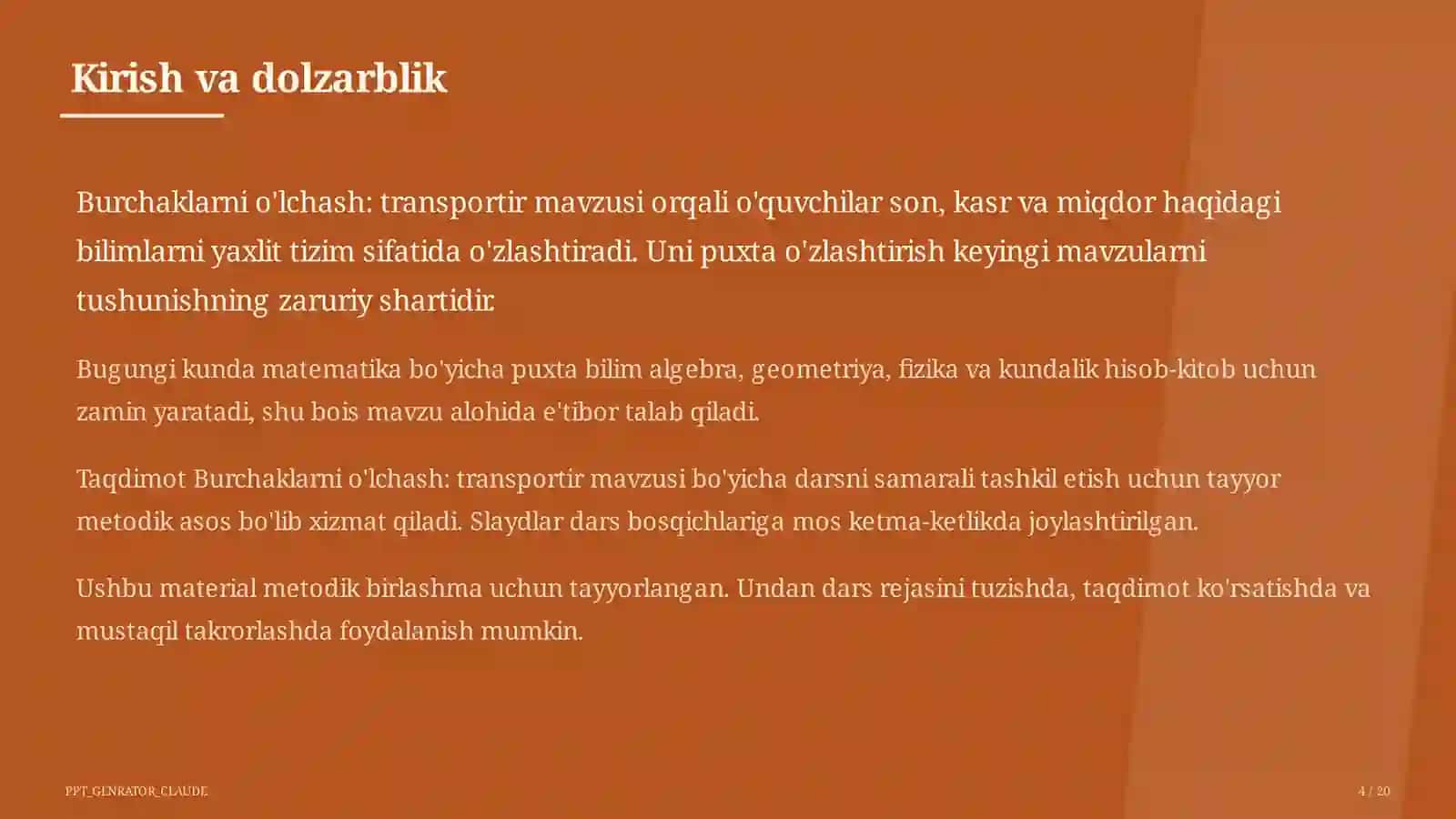 Burchaklarni o'lchash: transportir (5-sinf) 4