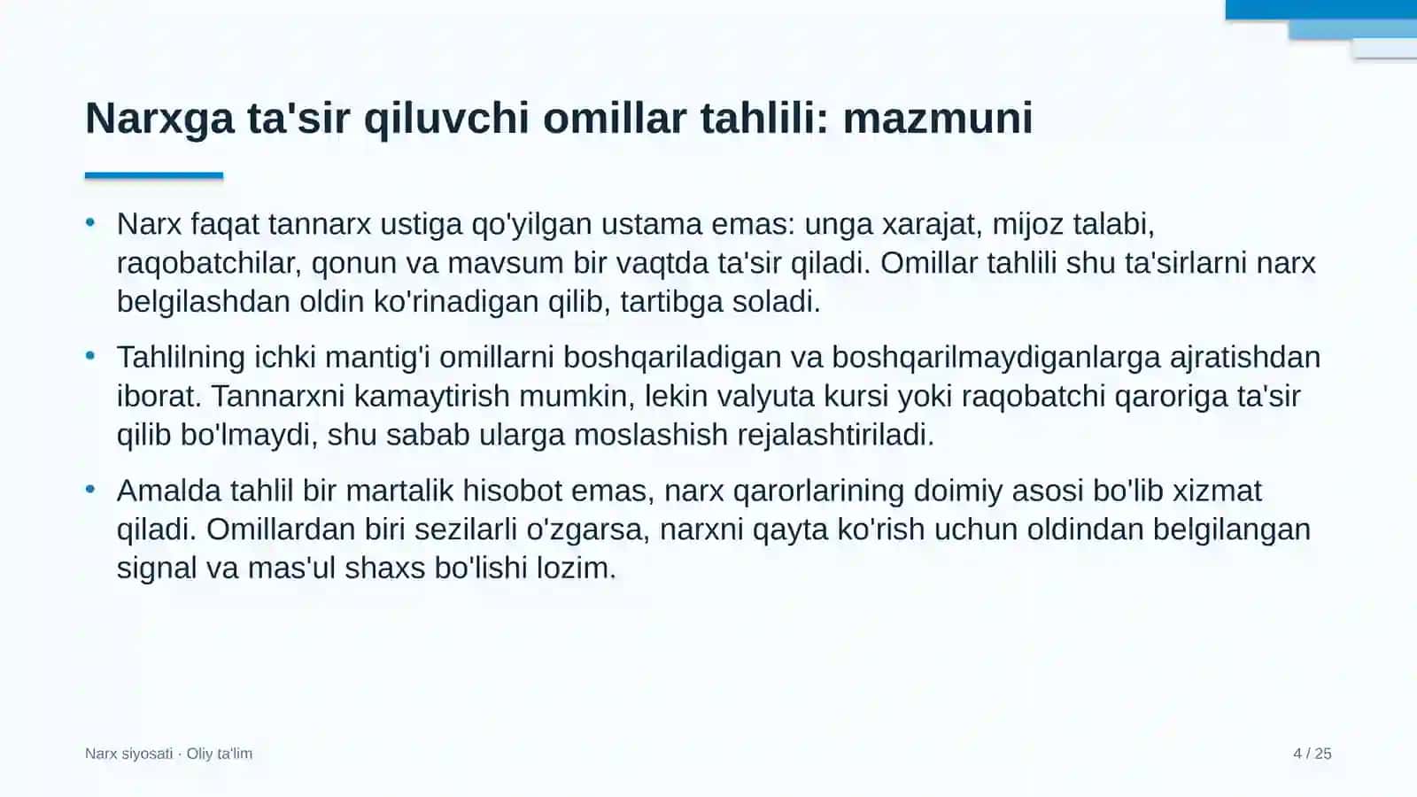Narx siyosati · Oliy ta'lim 4
