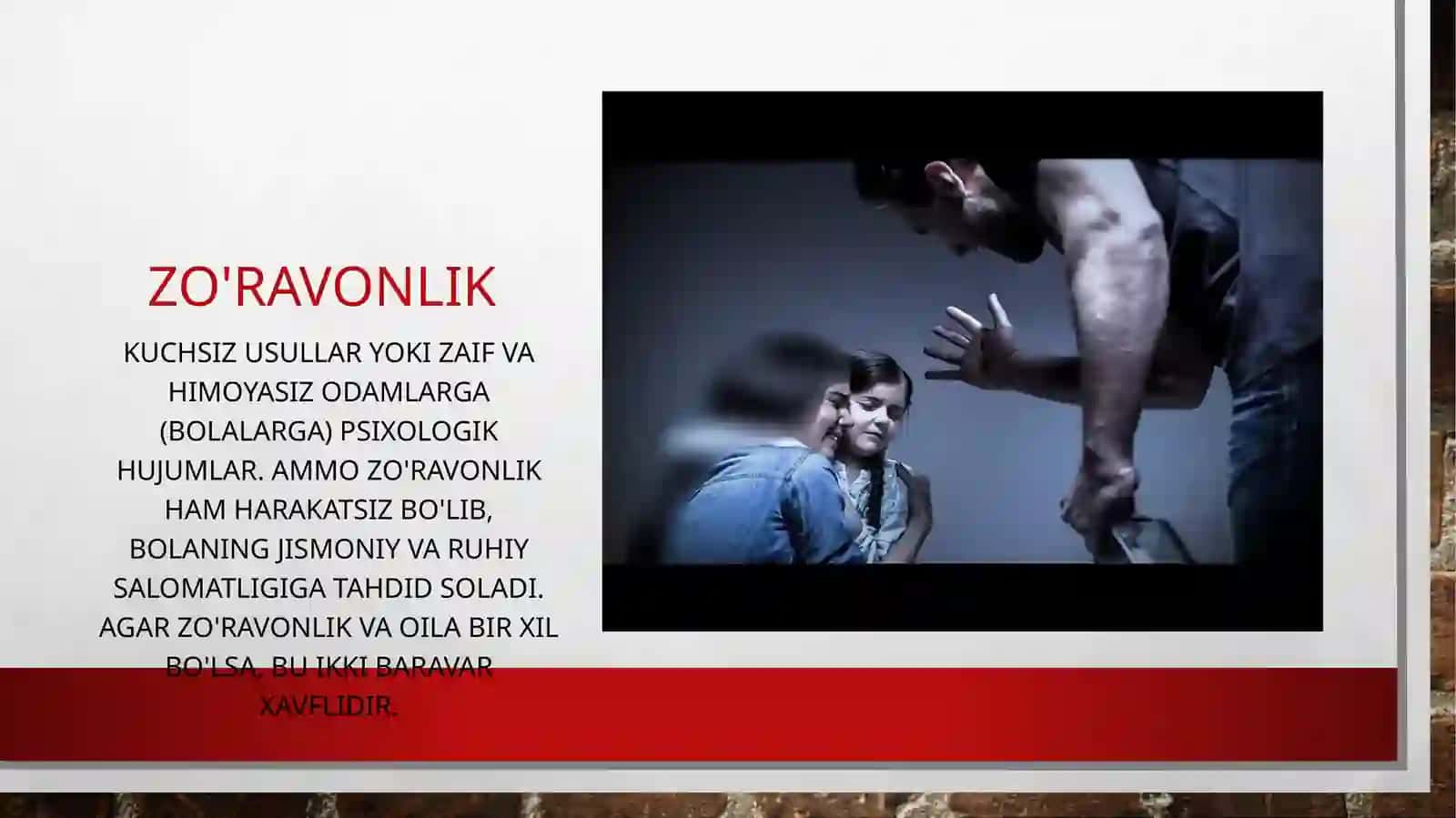 Zo’ravonlik sabablari, turlari va oqibatlari. Oiladagi zo’ravonlik. Oiladagi zo’ravonlikning shakllari, sabablari va mexanizmi 4