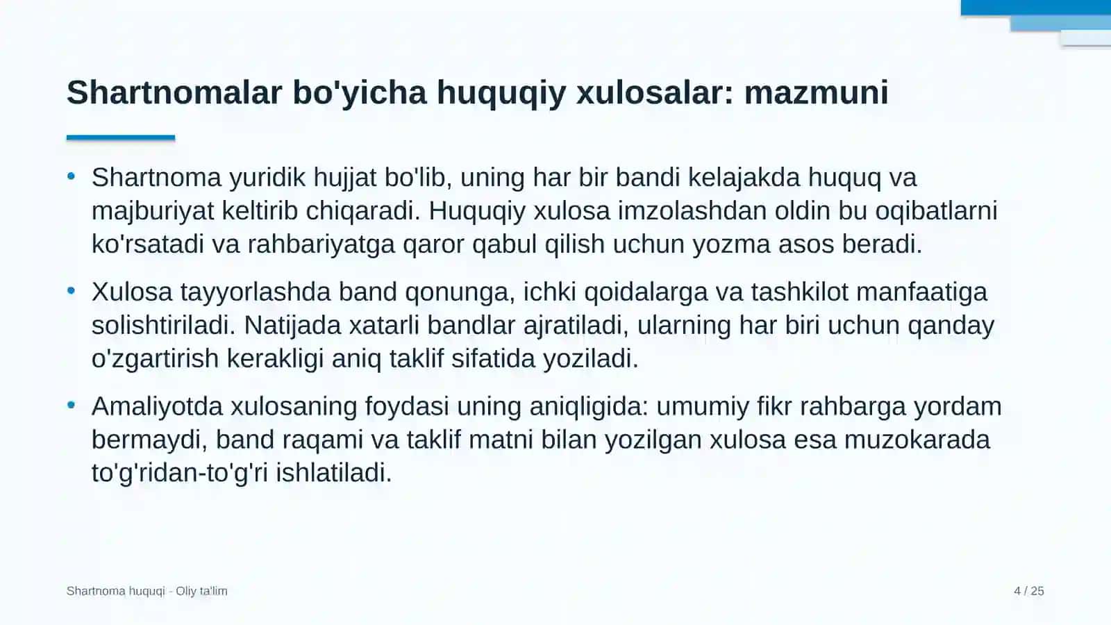 Shartnoma huquqi · Oliy ta'lim 4