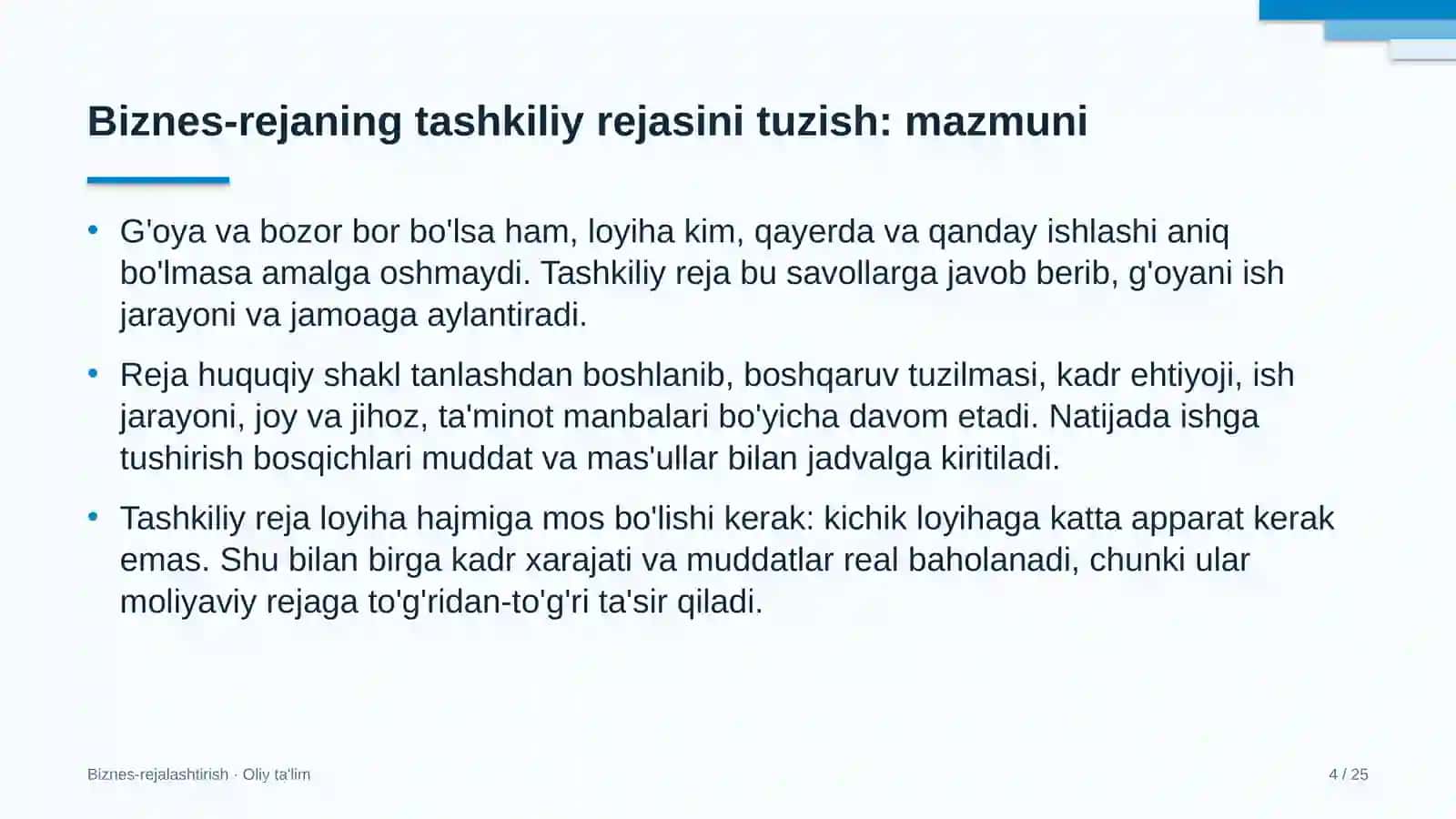 Yo'l xo'jaligida biznes-rejaning tashkiliy rejasini tuzish 4