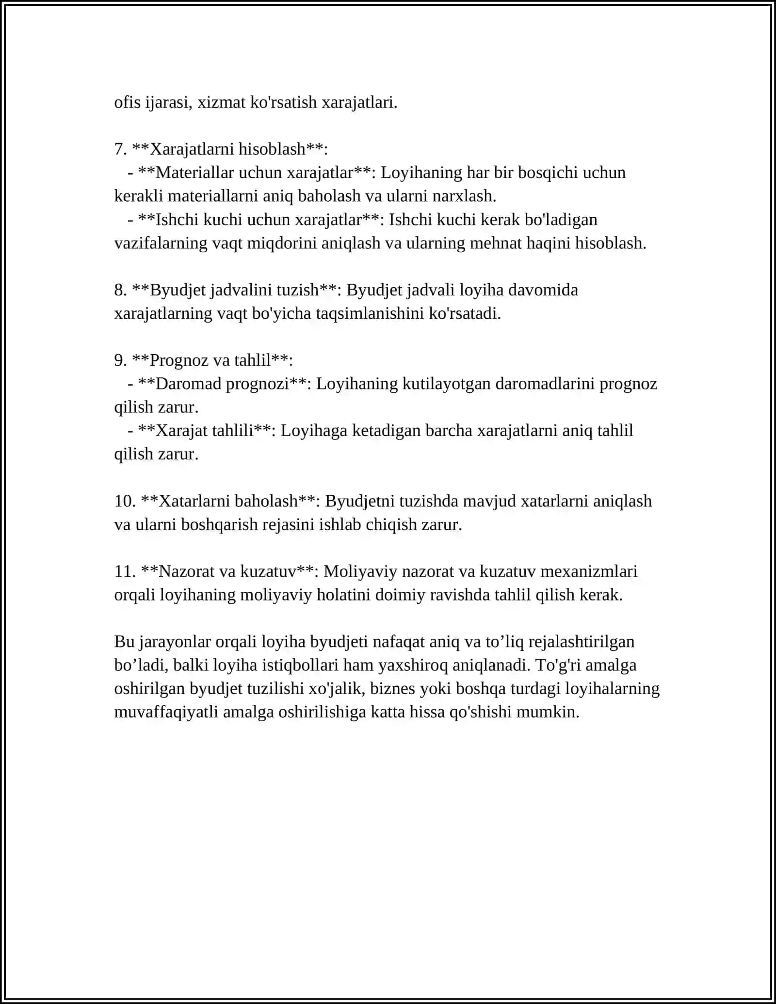 LOYIHANING QIYMATINI NAZORAT GILISH: XARAJATLARNI MONITORING QILISH VA TAHLIL GILISH 4