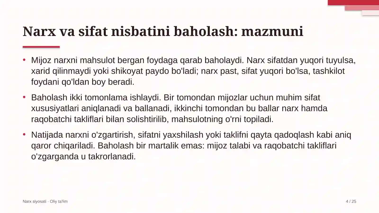 xizmat ko'rsatish sohasida narx va sifat nisbatini baholash 6146 4