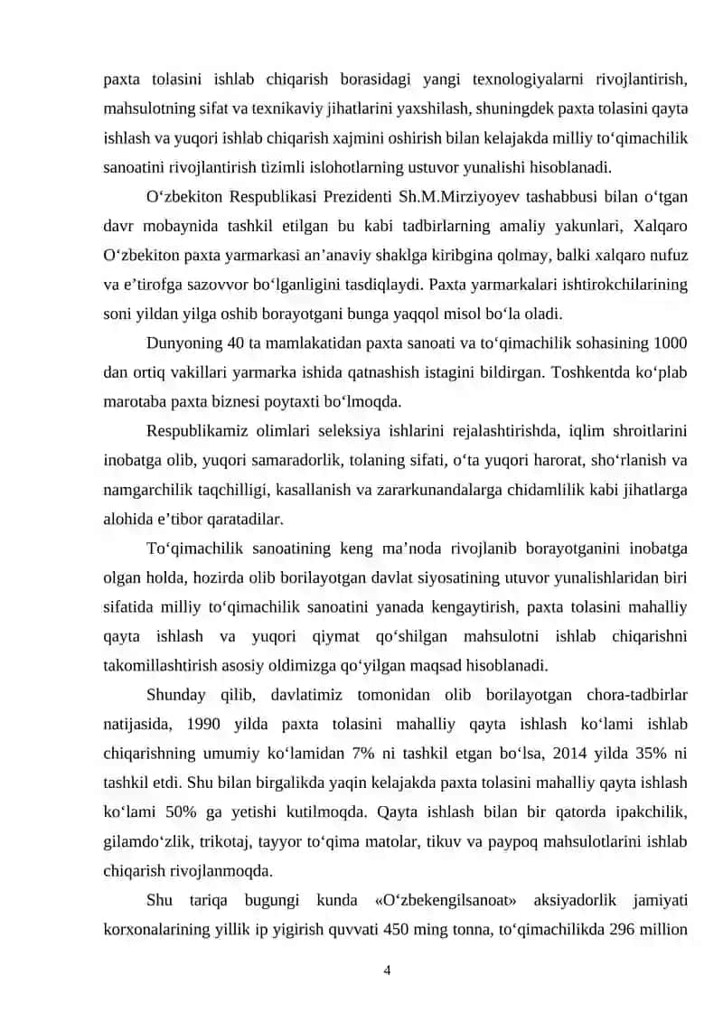 Zig‘ir tolali aralash “Kastyumbop” to‘qimasini ishlab chiqarish uchun zamonaviy texnologik jarayonlarni loyihalash 4