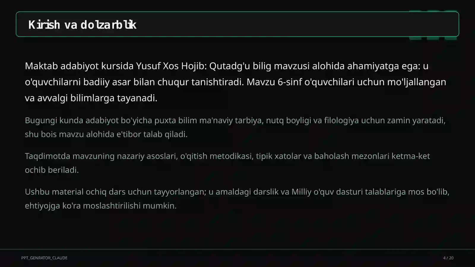 Yusuf Xos Hojib: Qutadg'u bilig (6-sinf) 4
