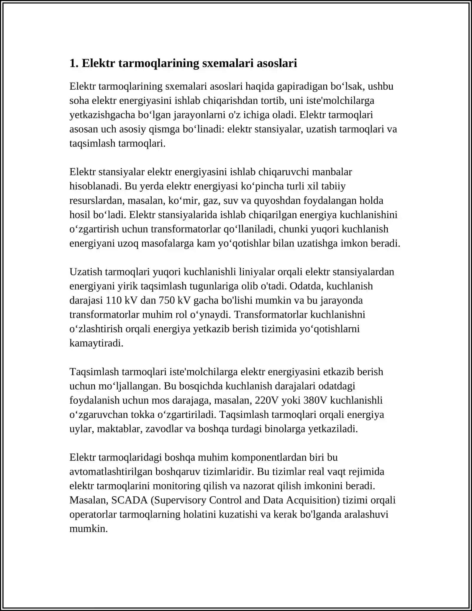 ELEKTR TARMOQLARINING SXEMALARI VA ELEKTR TA’MINOTIDA ISHONCHLILIK 4