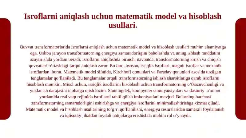 Quvvat transformatorlarida isroflarni hisoblash usullari. 4