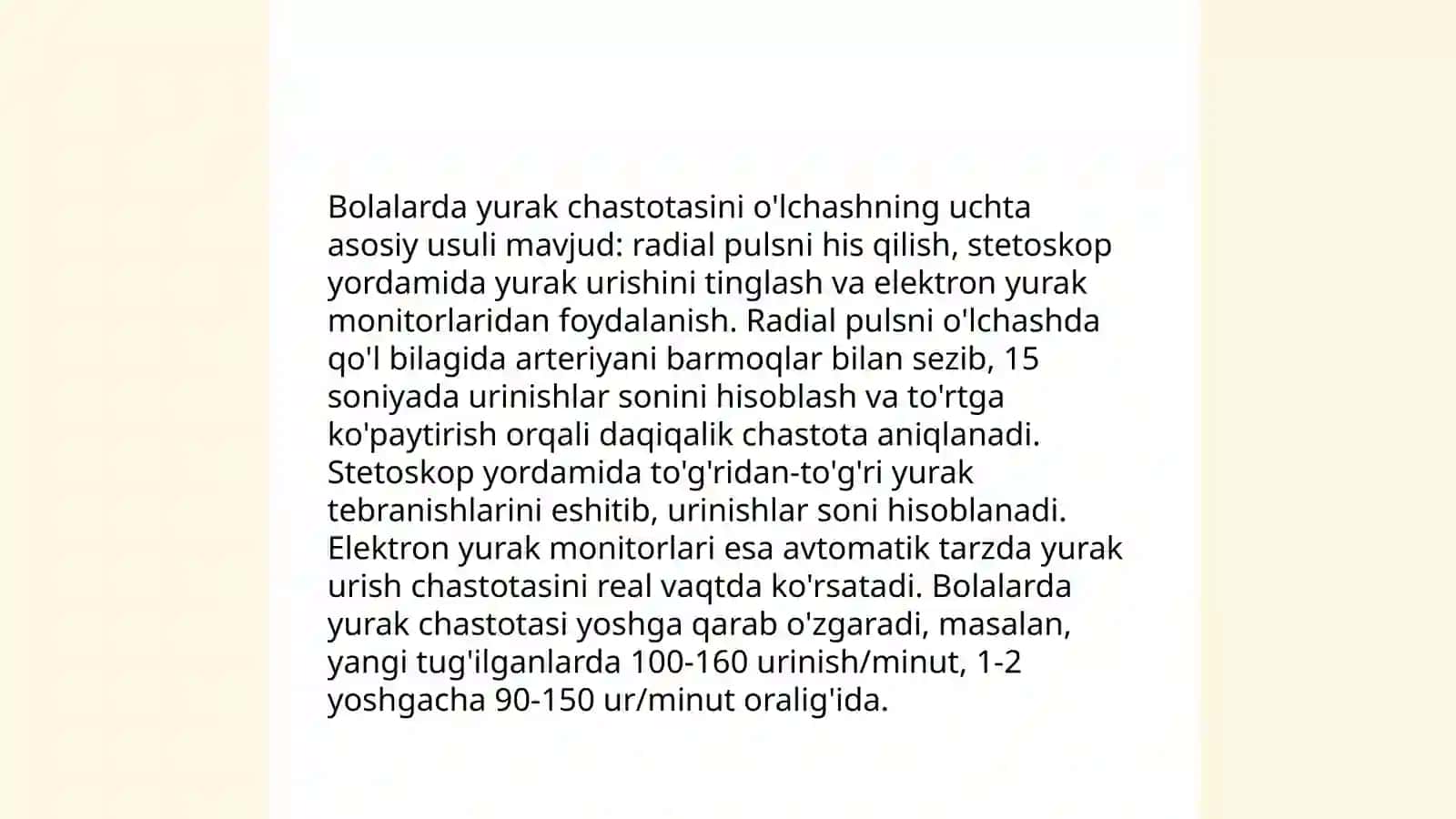 Turli yoshdagi bolalarda me'yorda va jismoniy ishdan keying yurak chastotasi aniqlanib, yurakning sistolik va minutlik hajmini aniqlash 4