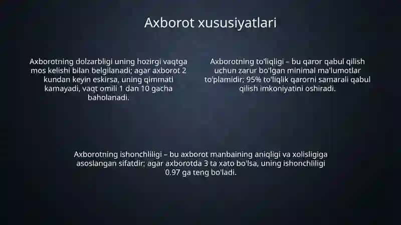 Axborot. Axborot turlari va xususiyatlari 4