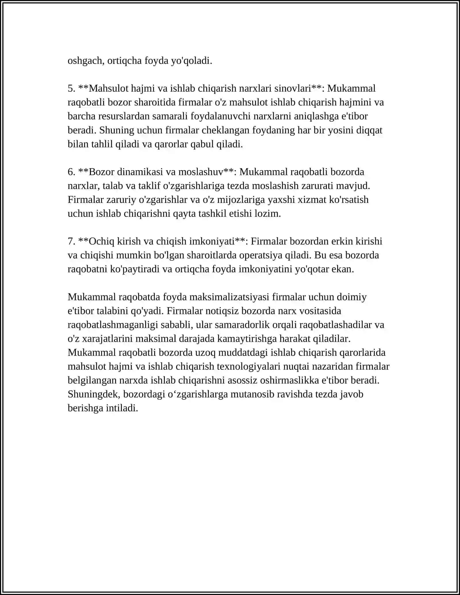 MUSTAQIL ISH: MUKAMMAL RAQOBATLI BOZORIDA FOYDANI MAKSIMALLASHTIRISH VA UZOQ MUDDATLI ISHLAB CHIQARISH QARORLARI 4